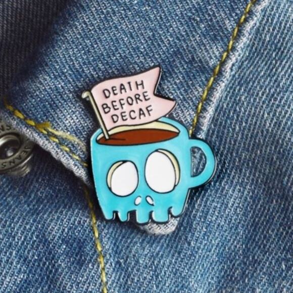 Death Before Decaf Blue Skull Pin Brooch Coffee - Picture 2 of 3
